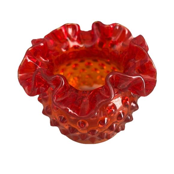 Fenton Glows Amberina Hobnail Small Rose Bowl Ruffle Crimped Orange Glass Vase - Picture 8 of 14